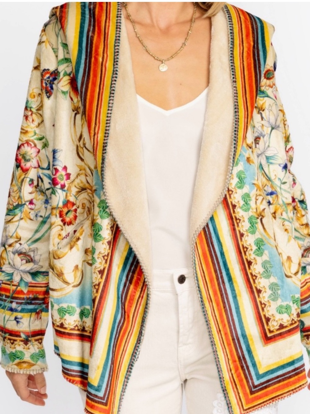 Johnny Was Felix Cozy Sherpa Topper Hoodie Jacket Floral Southwest Dessert XS